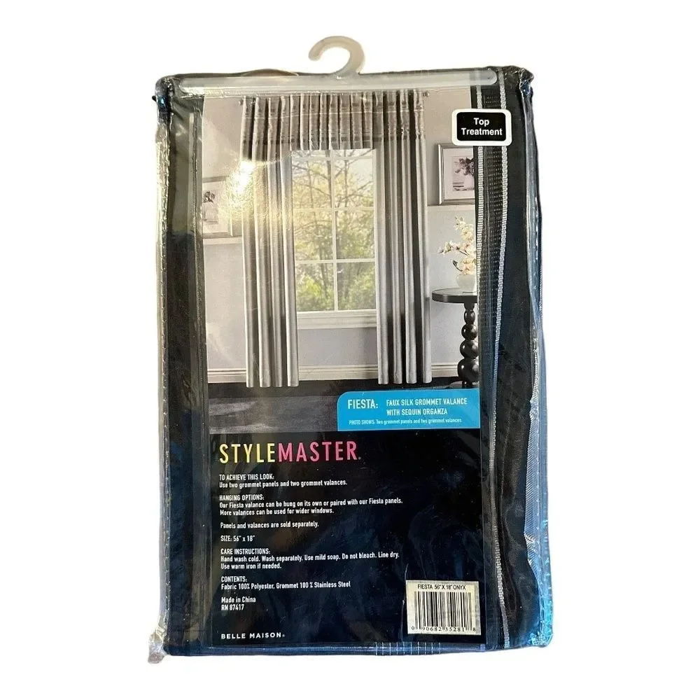 NWT StyleMaster Faux Silk Grommet Valance w/ Sequin Curtains Fiesta Black Silver
